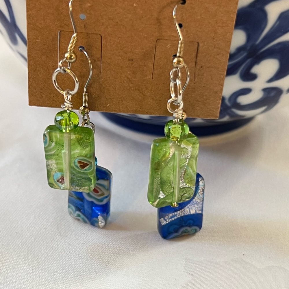 Bead, Millifiori glass square-transparent earrings.
